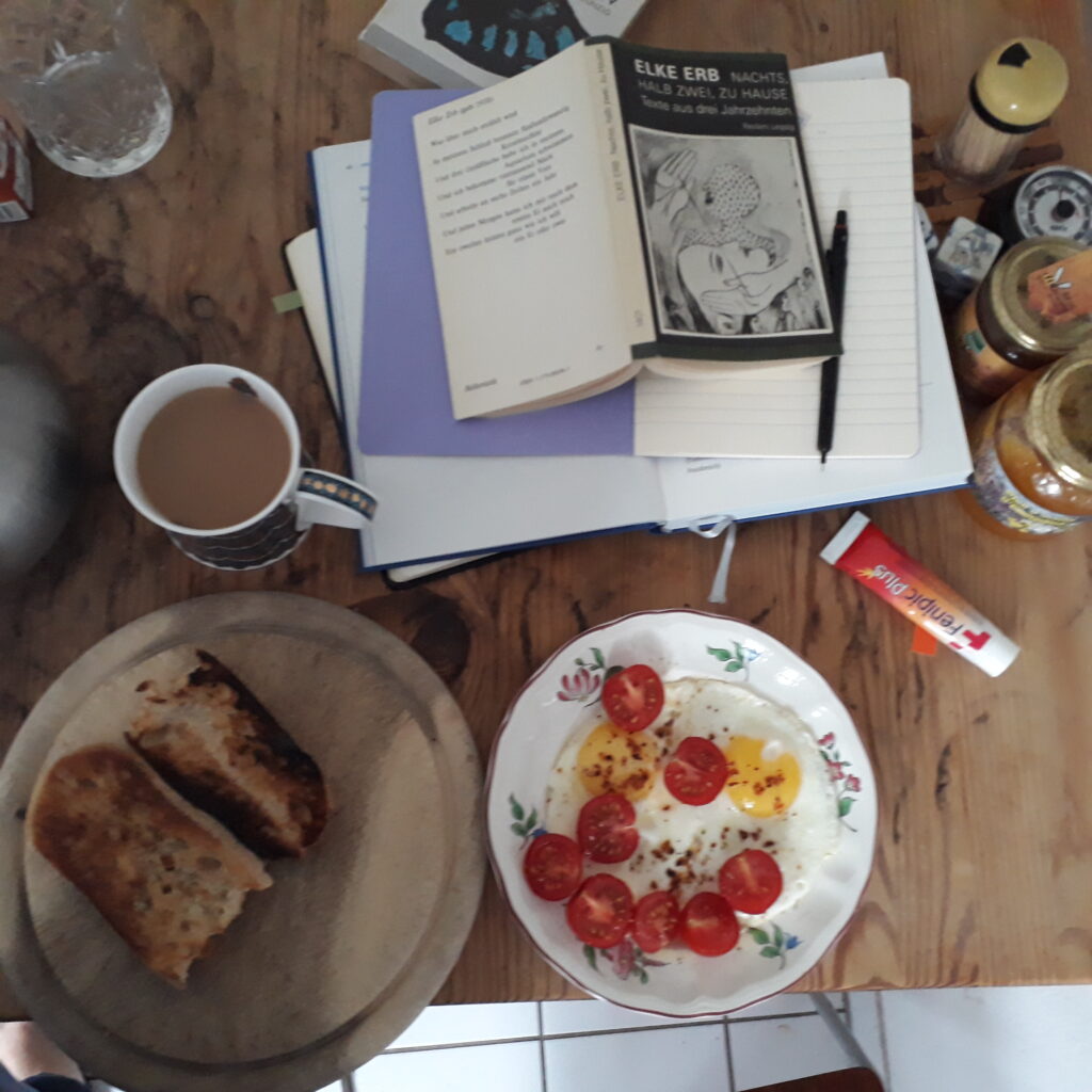 one of Monika Rinck's working tables: a book, a tea, tomatoes, toasts and eggs and some writings