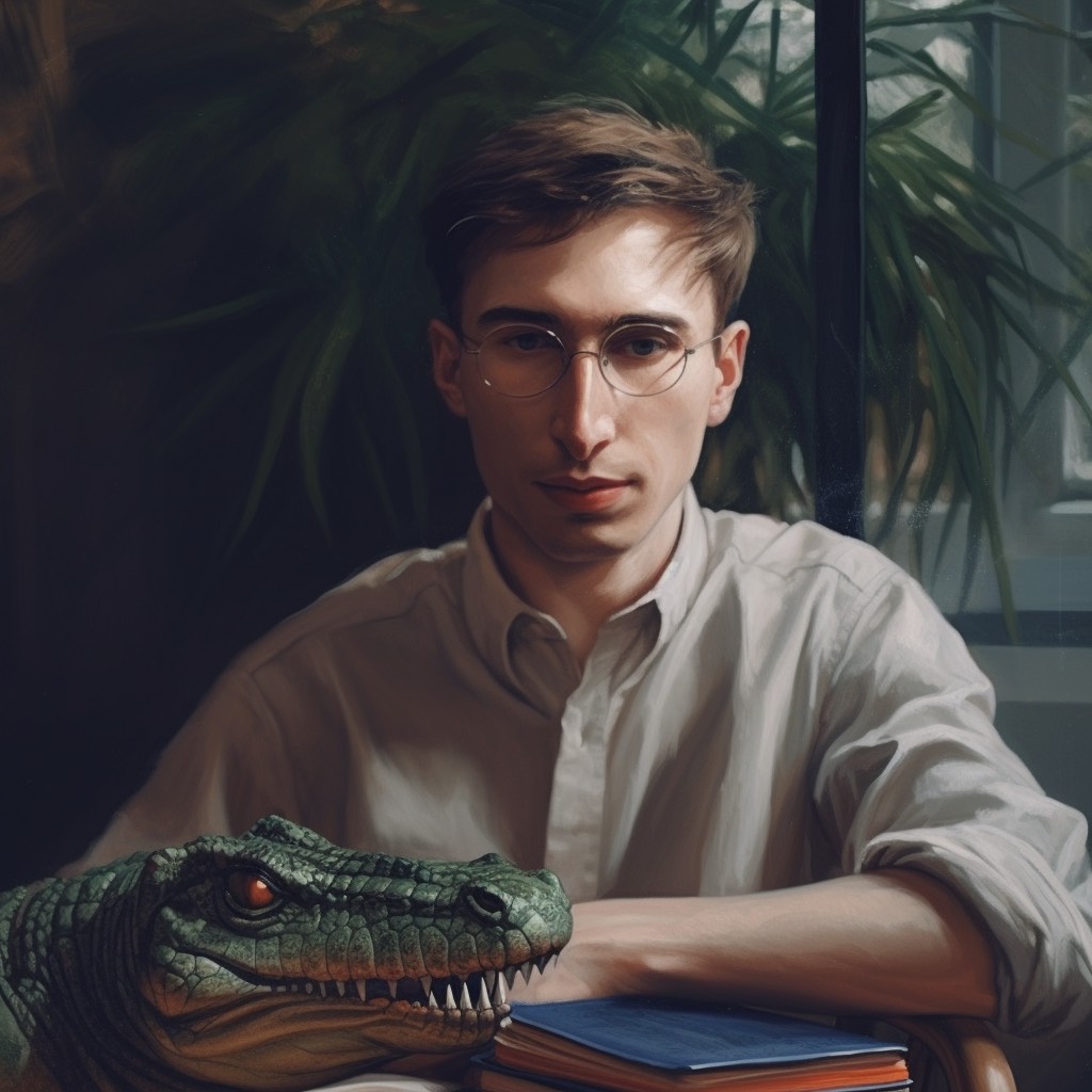 Juan and an alligator sitting at a desk with a book and palm plants in the background, an AI-generated image.